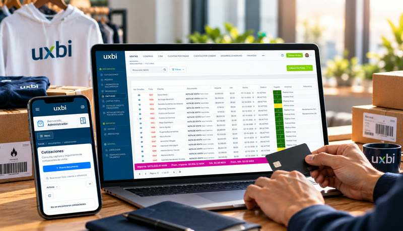 Venta en línea registrada en UXBI desde la laptop y el celular