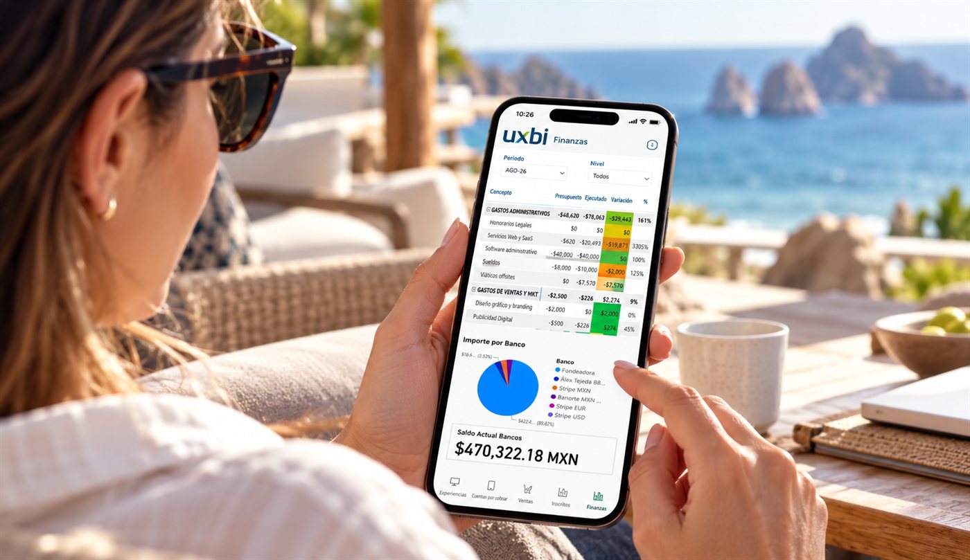 Mujer frente al mar revisando las finanzas de su empresa en la app de UXBI
